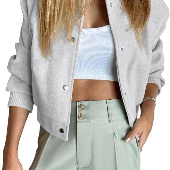 Womens Cropped Bomber Jacket Wool Blend Varsity Short Pea Coats Long Sleeve Butt